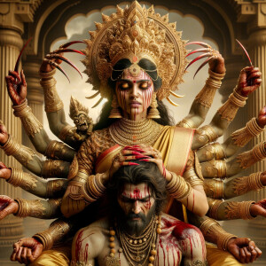 portrait of angry looking, four-armed indian goddess sitting on...