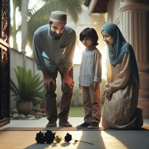Father mother and daughter are standing near the threshold of th...