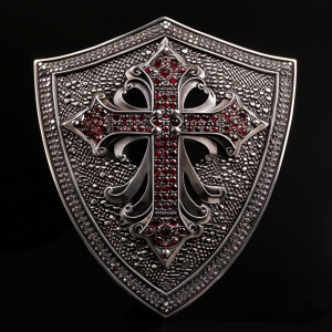 Design a sterling silver shield of faith featuring a prominent c...