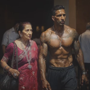 realism photo painting,A sweaty beefy kashmiri man walking with...