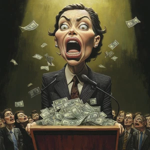 A woman in a business suit, with an exaggeratedly large mouth, s...