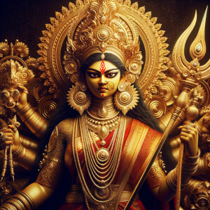 Waist up portrait of angry goddess durga  with athletic body, holding a trident, big breasts, wearing gold jewelry all over body, huge gold crown, red saree, gold armor, ultra detailed face, UHD, 8K, photography