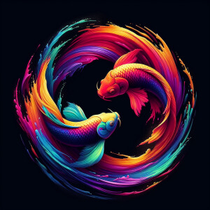 Abstraction painting of two colorful carp swimming in a circle