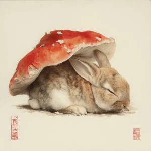 Sleeping rabbit under giant red and white mushroom, gentle pose,...