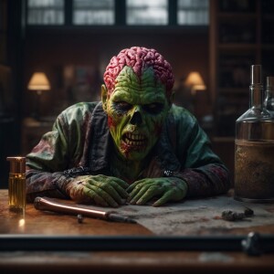 A zombie looking for his brain,  egxrated confused look on zombi...