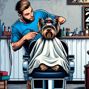 Photorealistic comic hyperrealism. Yorkie in a barber's chair. T...