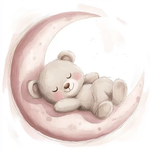 A cute, cartoon teddybear lies on a stylized, rosy-pink crescent moon. The teaddy bear is light gray with large, round, pink-spotted ears.  Its body is round and he has expressive eyes.  its facial expression is happy and friendly. The teddy bears leg and foot are visible, and its posture is relaxed, slumped in the curve of the moon. it's stomach is lying down on the moon with left arm and leg showing hanging down. The moon is a soft, shaded pink, with watercolor-like texture and subtle shading. The background is white. The image is in a child-friendly style, showcasing delicate line work and color palettes. The composition is centered on the teddy bear which is positioned on the moon, giving the moon a hug with closed eyes. The overall style is sweet, whimsical, and reminiscent of children's book illustrations.  The colors are pastel and soothing, creating a gentle atmosphere.