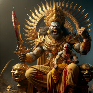 portrait of angry looking muscular goddess durga sitting on a go...