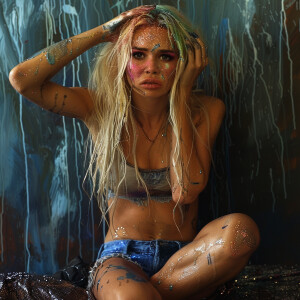 Describe a woman with blonde hair wearing jeans shorts and a tan...