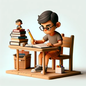 A boy sitting on a chair studying.