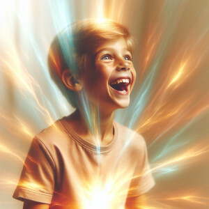 Illustrate a joyful boy with an aura emanating from his body, sy...