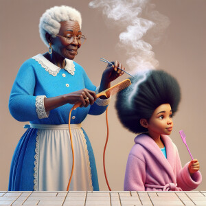 Create a realistic 3-D image of an african-American grandmother wearing a blue house dress and a white apron . She is in the kitchen with her african-American granddaughter. Her granddaughter is wearing a pink bath robe. The grandmother has a hot comb in her hand and she is straightening her granddaughters hair. One side of her granddaughters hair is in  a Afro the other straight 
There is smoke coming from the hot comb
The granddaughter is making a face