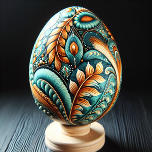 an ostrich egg painted in the style of Ukrainian egg decorating,...