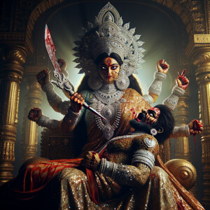 portrait of angry looking goddess durga, sitting on a gold crown...