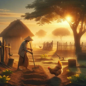 Prompt 1:
A rustic farm at dawn bathed in soft golden sunlight....