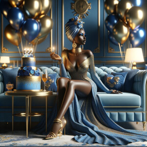 Create a 3-D realistic, African-American woman, she is seated on a luxurious blue couch. She is dressed in a splendid blue and gold gown, with the fabric shimmering like a starlit night sky. Her outfit is complemented by gold earrings and a chic blue and gold head wrap crowning her head with elegance. Beside her, a beautifully decorated birthday cake adorned with blue and gold icing, stands on a small table, with candles waiting to be wished upon. In the air, blue and gold balloons catch the light, adding a touch of magic. The room itself is a harmony of celebration, with hints of gold accents against blue decor, creating an atmosphere of joyous celebration.