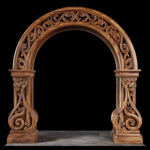 A wooden archway, centered in the image. The arch is carved with beautiful scroll pattern out of several different shades of wood colors. The floor shows natural stone.   The archway has a smooth, semi-circular shape and is also adorned with beautiful carvings.  The wood has a rich, dark brown color with lighter, streaky highlights.  The interior of the archway is completely black. The archway sits atop a natural stone base.  The framing of the archway, with its pillars and base, provides a sense of depth and structure. The background is a plain,black.The overall style is rustic, minimalist, and natural, evoking a sense of warmth and organic beauty. The lighting is even, casting no distinct shadows within the image, which enhances the focus on the wood texture and its details. The perspective is straight-on, looking directly at the archway.