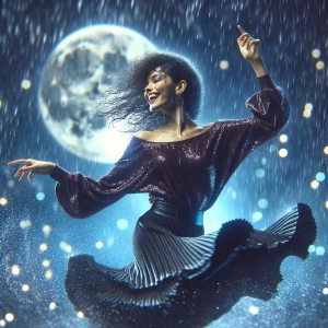 Create an image of a female vampire dancing joyfully in the rain...