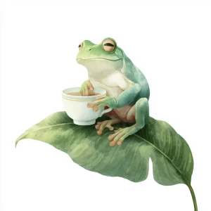Happy frog sipping tea on a leaf, soft green tones, isolated on...