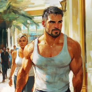Art Illustration.A man  muscular beefy sweat walking with his  5...