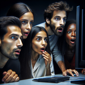 2 guys and 2 girls are watching the camera footage in surprise