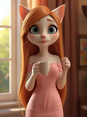 3D anthropomorphic ginger female cat character, tall and elegant...