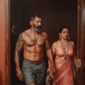 Hyperrealism oil painting.a gujarati muscular beefy bearded tatt...