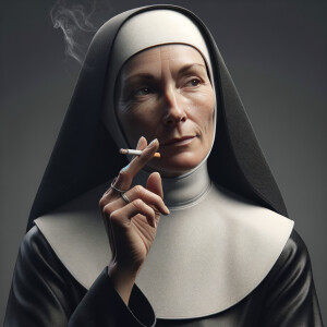 A nun smoking a cigarette