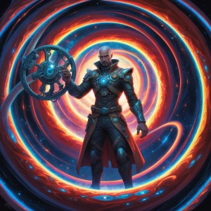 In the center of a swirling vortex of colors and light stands a...
