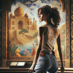 Athletic Thin skinny Attractive, Asian teenage girl, long brown hair and bangs, wearing tight skinny jeans and a halter top paint marks on her clothing, heroic pose Asian graffiti background, backside view