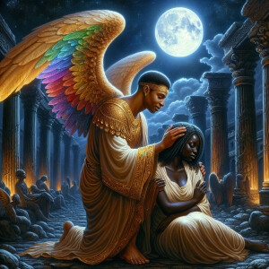 Create an oil painting image featuring a male angel and a grievi...
