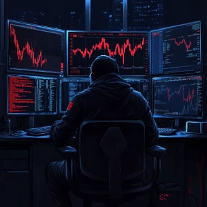 a sad Wojak character sitting in front of multiple monitors with...