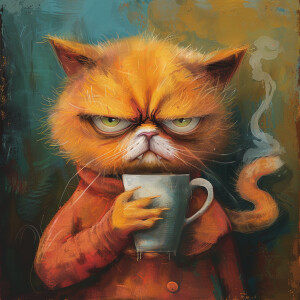 A cartoon of a grumpy cat holding a coffee cup