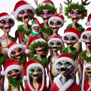 A chorus of animated the aliens singing Christmas carols, each d...