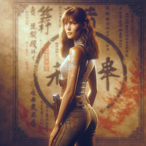 Athletic Thin skinny Attractive, Asian teenage girl, long brown hair and bangs, wearing tight skinny jeans and a halter top paint marks on her clothing, heroic pose Asian graffiti background,  backside view