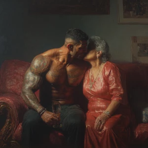 Hyperrealism oil apinting.a muscular beefy sweaty tattoed indian...
