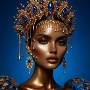 Create a 3-D realistic, elegant figure against a vivid royal blu...