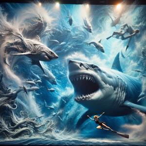 underwater image of a woman freediving alongside a great white s...