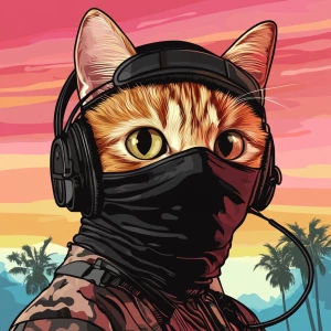 A wide-eyed ginger cat wearing a black tactical balaclava (or ma...