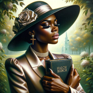 Render an airbrush oil painting of an African American woman with flawless makeup in a
contemplative pose, holding a Bible close to her heart, dressed in an elegant Sunday Best
outfit with a distinctive Church Hat. The background features a peaceful church garden,
with light filtering through the trees, highlighting her spiritual connection and the personal
moment of reflection. The artwork should capture the tranquility of the scene, the beauty
of her attire, and the depth of her contemplation, reflecting a serene and spiritually