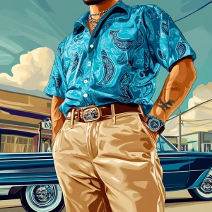 digital illustration in a modern Chicano lowrider art style. It...