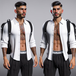 A full body of a thug with very low fade haircut and facial hair...
