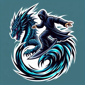 Create a logo that depicts a cloaked individual surfing atop a d...