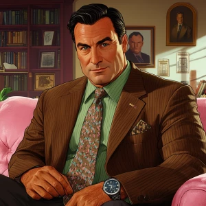 A middle-aged man with neatly combed hair, wearing a brown suit...
