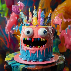 anthropomorphic birthday cake having a party,glitchcore,hallucin...