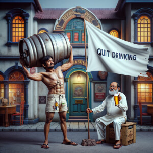 Create a funny picture: a man holding a beer keg with one hand s...