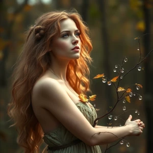 In a serene forest clearing, a timeless bewitching dryad gazes i...