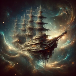 In the ethereal expanse of a phantasmal dystopian cosmic caravel...