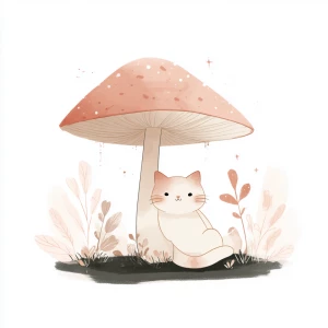 Centered cat stretching under mushroom, kawaii art style, soft p...