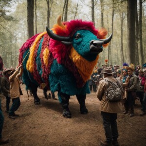 A group of people operating a large buffalo puppet in a woodland...